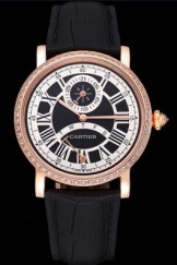 Cartier Rotonde Black And White Dial Gold Case With Jewels Black Leather Strap 622758