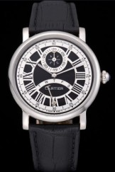 Cartier Rotonde Black And White Dial Stainless Steel Case Black Leather Strap 622755