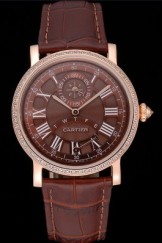 Cartier Rotonde Brown Dial Gold Case With Jewels Brown Leather Strap 622759