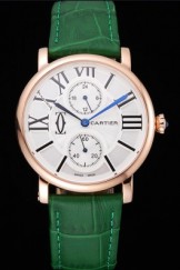 Cartier Ronde Second Time Zone White Dial Gold Case Green Leather Strap 622799