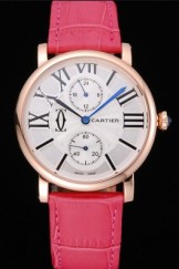 Cartier Ronde Second Time Zone White Dial Gold Case Fuchsia Leather Strap 622802