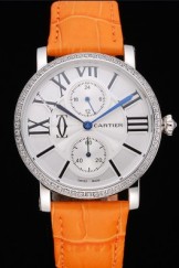 Cartier Ronde Second Time Zone White Dial Stainless Steel Case With Diamonds Orange Leather Strap 622805