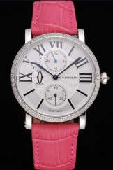Cartier Ronde Second Time Zone White Dial Stainless Steel Case With Diamonds Fuchsia Leather Strap 622807