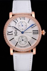 Cartier Ronde Second Time Zone White Dial Gold Case With Diamonds White Leather Strap 622808