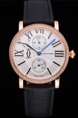 Cartier Ronde Second Time Zone White Dial Gold Case With Diamonds Black Leather Strap 622809