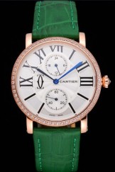 Cartier Ronde Second Time Zone White Dial Gold Case With Diamonds Green Leather Strap 622812