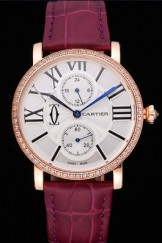 Cartier Ronde Second Time Zone White Dial Gold Case With Diamonds Purple Leather Strap 622813