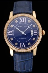Swiss Cartier Ronde Solo Blue Dial Gold Diamond Case Blue Leather Strap