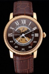 Swiss Cartier Rotonde Small Complication Brown Dial Gold Diamond Case Brown Leather Strap