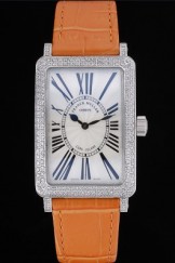 Franck Muller Long Island Classic White Dial Diamonds Case Orange Leather Band 622372