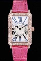 Franck Muller Long Island Classic White Dial Diamonds Case Pink Leather Band 622373