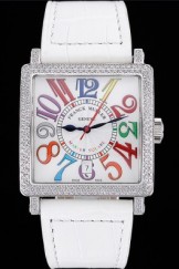 Franck Muller Master Square Color Dreams Diamonds Case White Leather Band 622356