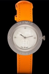 Hermes Classic MOP Dial Orange Leather Bracelet 801390