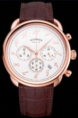 Hermes Arceau White Dial Gold Case Brown Leather Strap