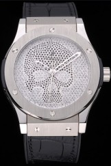 Hublot Classic Fusion Diamond Skull Dial Stainless Steel Case Black Leather Strap 622814