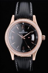Jaeger Le Coultre Swiss Master Control Crystal Encrusted Bezel Black Leather Strap 7585