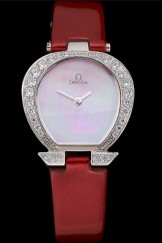 Omega Ladies Watch Pearl Dial Stainless Steel Case With Diamonds Red Leather Strap 622827