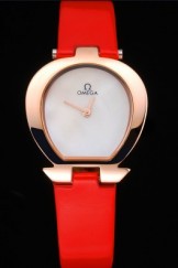 Omega Ladies Watch White Dial Gold Case Red Leather Strap 622823