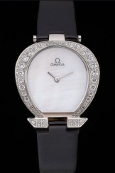 Omega Ladies Watch White Dial Stainless Steel Case With Diamonds Case Black Leather Strap 622825