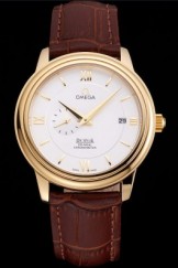 Omega De Ville Prestige Co-Axial White Dial Gold Case Brown Leather Strap Roman Numeral