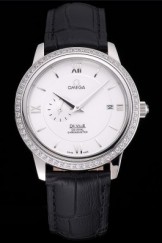 Omega De Ville Prestige Co-Axial White Dial Silver Diamond Case Black Leather Strap Roman Numeral