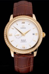 Omega De Ville Prestige Co-Axial White Dial Gold Diamond Case Brown Leather Strap Roman Numeral