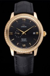 Omega De Ville Prestige Co-Axial Black Dial Gold Diamond Case Black Leather Strap Roman Numeral