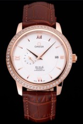 Omega De Ville Prestige Co-Axial White Dial Rose Gold Diamond Case Brown Leather Strap Roman Numeral