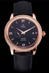 Omega De Ville Prestige Co-Axial Black Dial Rose Gold Diamond Case Black Leather Strap Roman Numeral
