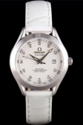 Omega Seamaster Lady White Leather Bracelet White Patterned Dial