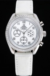 Omega Speedmaster Chronograph White Dial Diamond Case White Leather Bracelet 622454