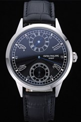 Patek Philippe Geneve Two Dial Black Dial Stainless Steel Bezel Black Leather Band 622145