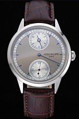Patek Philippe Geneve Two Dial Gray Dial Stainless Steel Bezel Brown Leather Band 622147