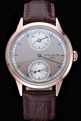Patek Philippe Geneve Two Dial Gray Dial Rose Gold Bezel Brown Leather Band 622148