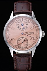 Patek Philippe Geneve Two Dial Rose Dial Stainless Steel Brown Leather Band 622150