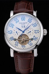 Patek Philippe Grand Complications Stainless Steel Case White Dial Roman Numerals Brown Leather Bracelet 622257