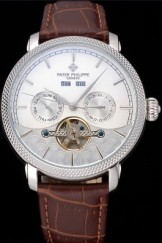 Patek Philippe Day Date Tourbillon White Dial Stainless Steel Case Embossed Bezel Brown Leather Strap 622837