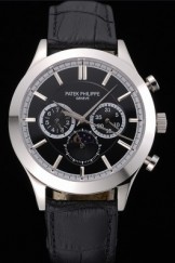 Patek Philippe Moonphase Chronograph Black Dial Stainless Steel Case Black Leather Strap 622842