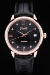 Piaget Swiss Traditional Black Dial Black Leather Strap 7624