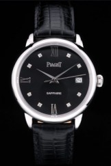 Piaget Swiss Traditional Black Dial Black Leather Strap 7626