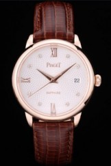 Piaget Swiss Traditional White Radial Pattern Dial Brown Leather Strap 7636
