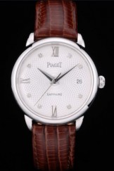 Piaget Swiss Traditional White Radial Pattern Dial Brown Leather Strap 7637
