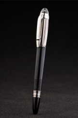 MontBlanc Top Replica 7443 Black Strap Silver Trimmed Black Enamel Ballpoint Pen With MB Inscribed Silver Cap