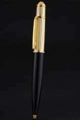 Cartier Gold Rimmed Gold Grooved Upper Body Black Ballpoint Pen 622765