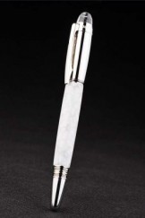 MontBlanc Top Replica 8335 White Strap Slim Silver Rim White Enamel Ballpoint Pen With MB Inscribed Silver Cap
