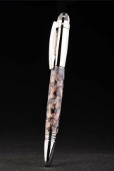 MontBlanc Top Replica 8334 Brown Strap Slim Silver Rim Patterned Brown Ballpoint Pen With MB Inscribed Silver Cap