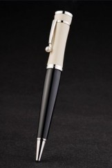 MontBlanc Top Replica 8318 Black Strap Silver Tipped Black Ballpoint Pen With Silver Trimmed MB Inscribed Enameled Ivory Back With Pearl Stud