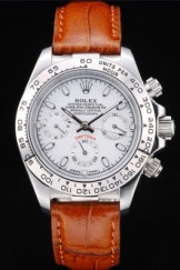 Rolex Daytona Top Replica 9174 Lady Stainless Steel Case White Dial Brown Leather Strap Tachymeter