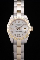 Rolex Top Replica 8779 Silver Stainless Steel Strap DateJust Brushed Stainless Steel Case White Dial Diamond Plated