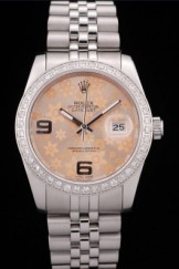 Rolex Top Replica 8705 Silver Stainless Steel Strap DateJust Brushed Stainless Steel Case Orange Flowers Dial Diamonds Plated